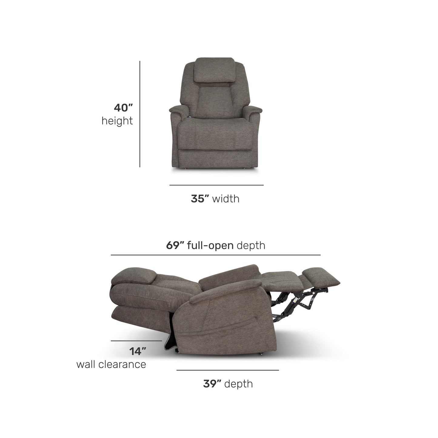 Zecliner Model 3+ Petite Umber Fabric Power Lift Recliner with Power Headrest, Lumbar, Heat & Massage