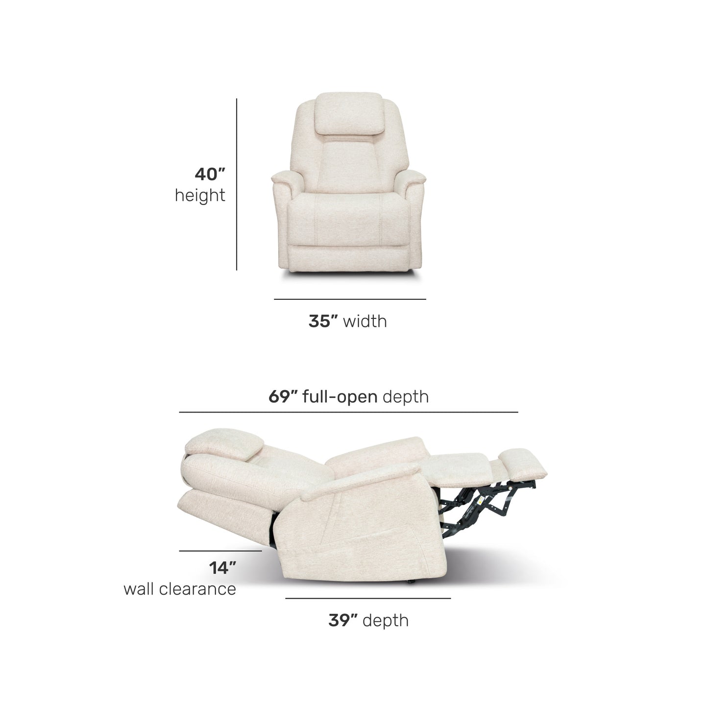 Zecliner Model 3+ Petite Ceramic Fabric Power Lift Recliner with Power Headrest, Lumbar, Heat & Massage