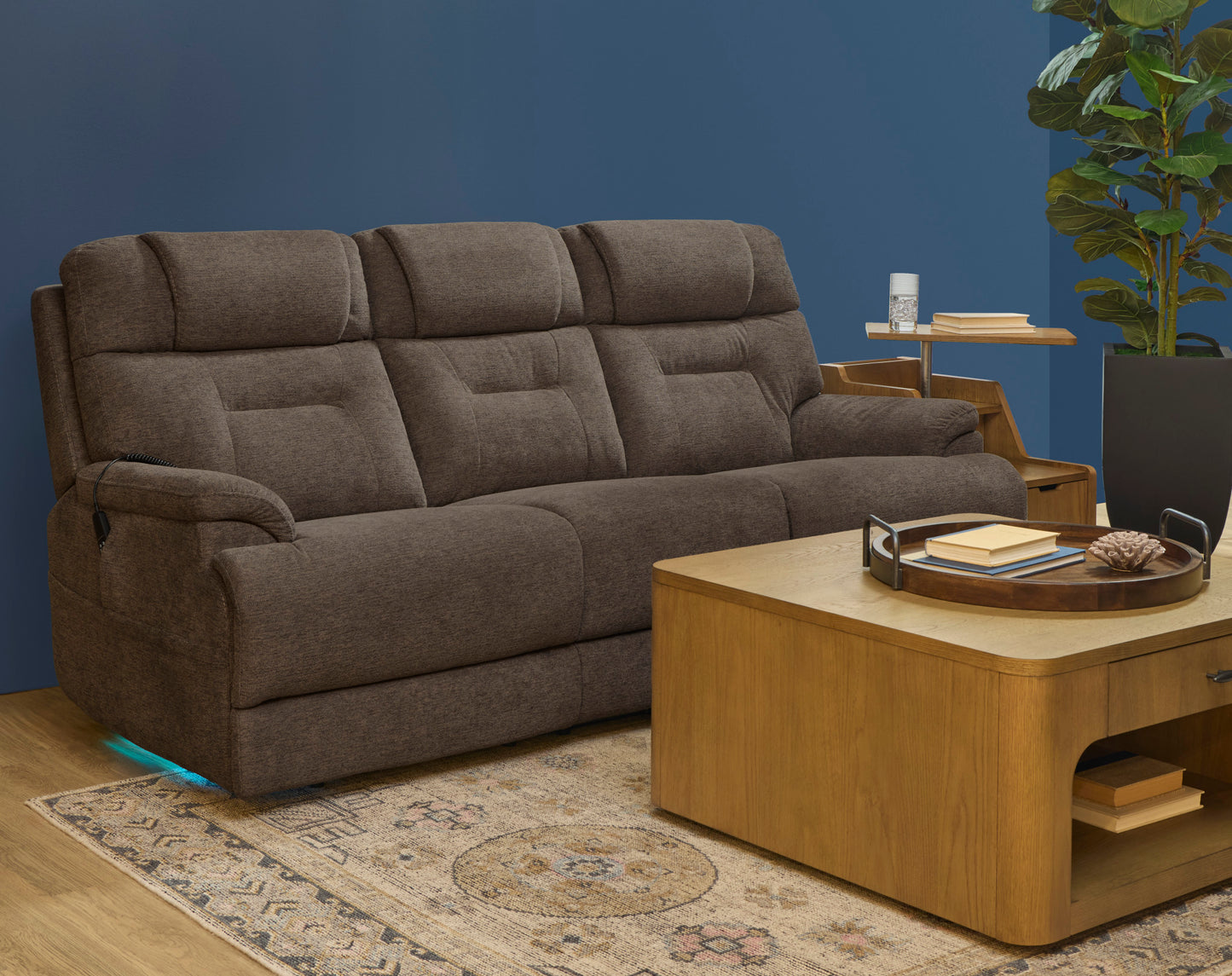 Zecliner Zofa Toast Fabric Power Reclining Sofa with Console, Power Headrest, Lumbar, Heat & Massage