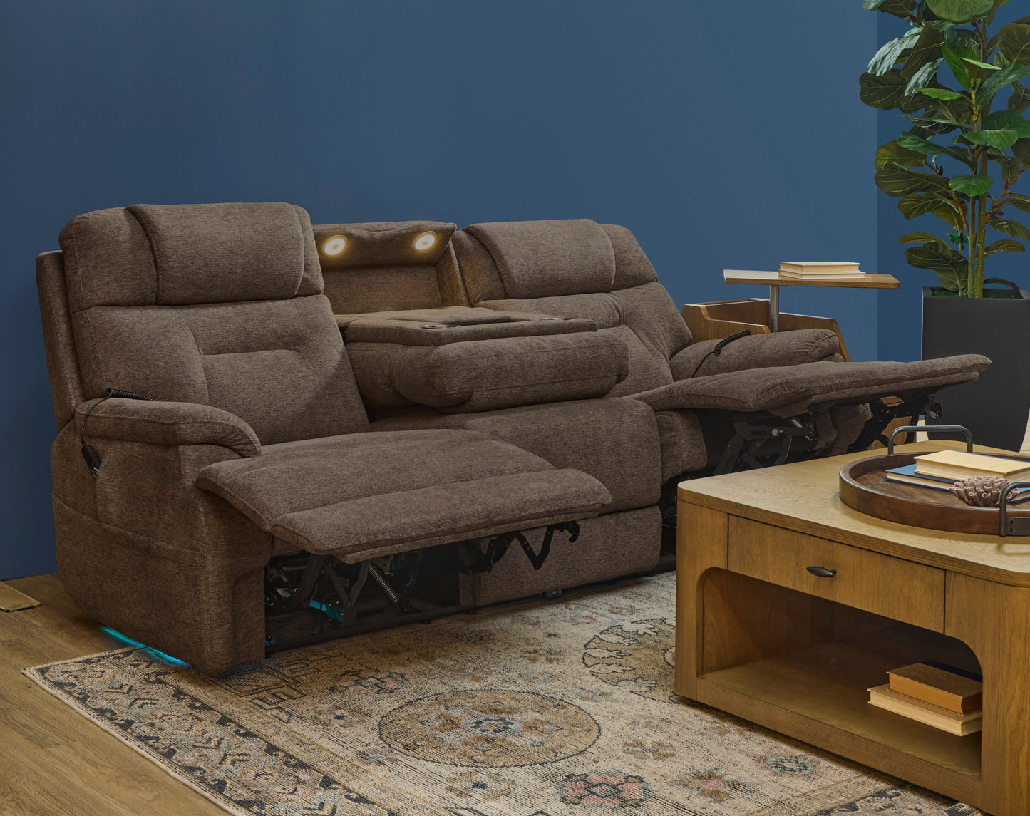 Zecliner Zofa Toast Fabric Power Reclining Sofa with Console, Power Headrest, Lumbar, Heat & Massage