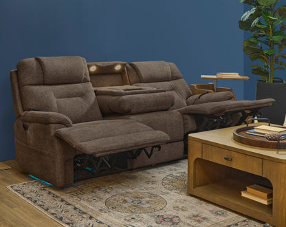 Zecliner Zofa Toast Fabric Power Reclining Sofa with Console, Power Headrest, Lumbar, Heat & Massage