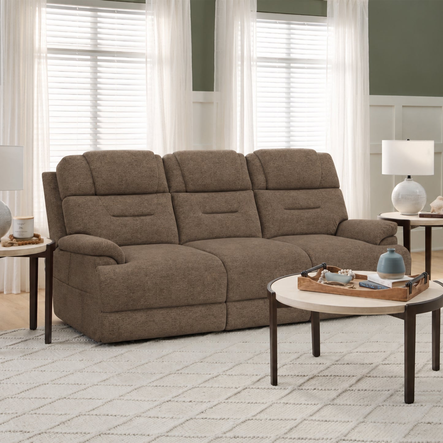 Zecliner Zofa Toast Fabric Power Reclining Sofa with Console, Power Headrest, Lumbar, Heat & Massage