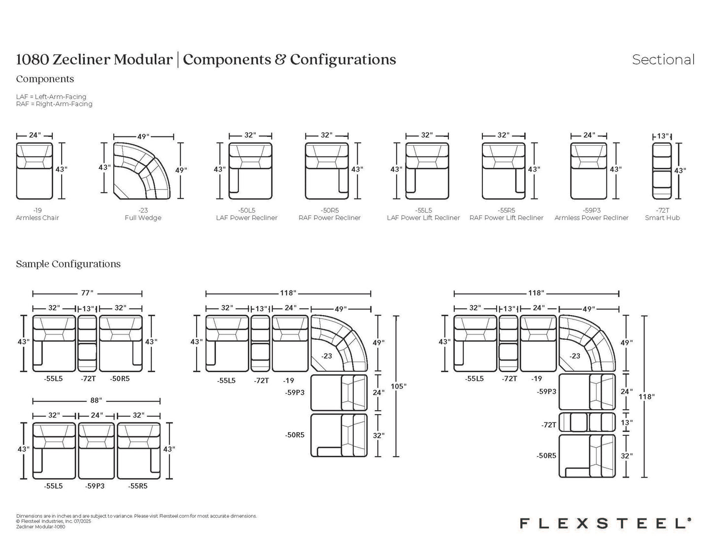Zecliner Modular Power Sleep Modular Sectional with Power Headrest, Lumbar, Heat, & Massage