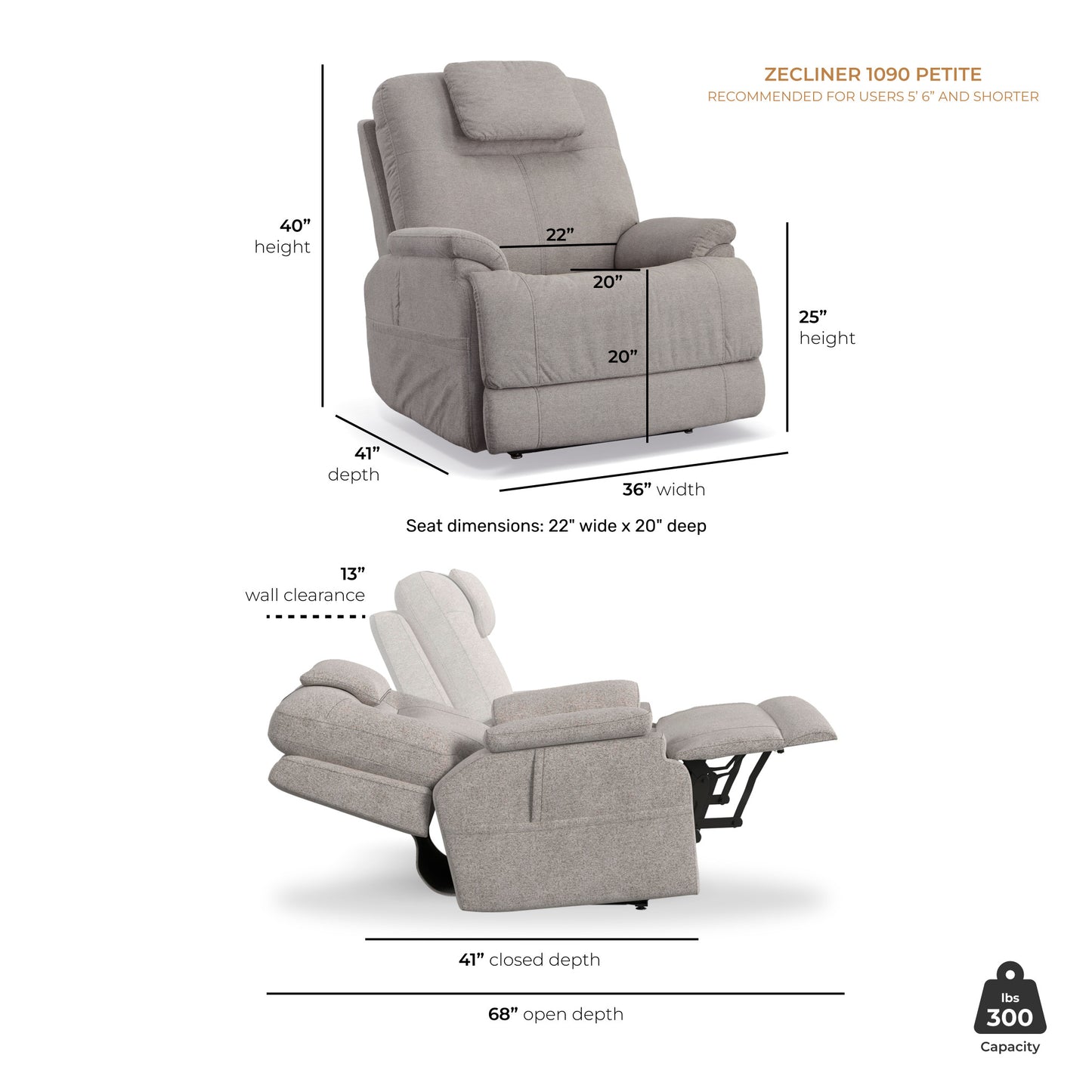 Zecliner Model 2 Petite Dove Fabric Power Lift Sleep Recliner with Power Headrest & Lumbar