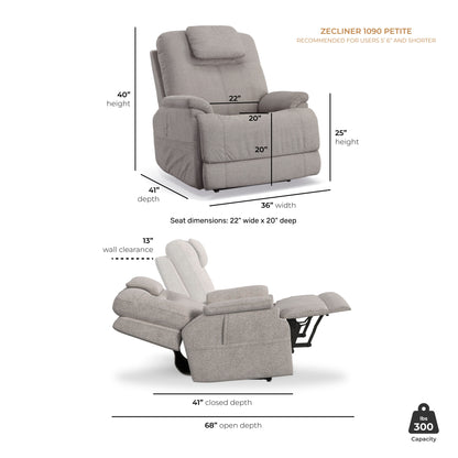 Zecliner Model 2 Petite Shell Fabric Power Lift Recliner with Power Headrest & Lumbar