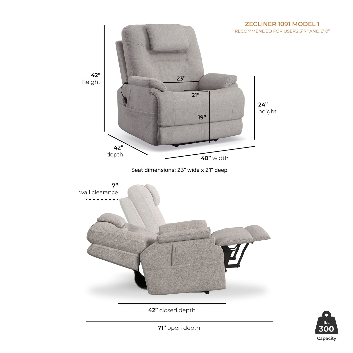 Zecliner Model 1 Dove Fabric Power Sleep Recliner with Power Headrest & Lumbar