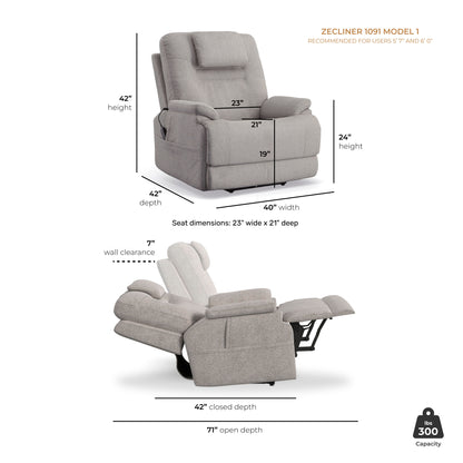 Zecliner Model 1 Dove Fabric Power Sleep Recliner with Power Headrest & Lumbar