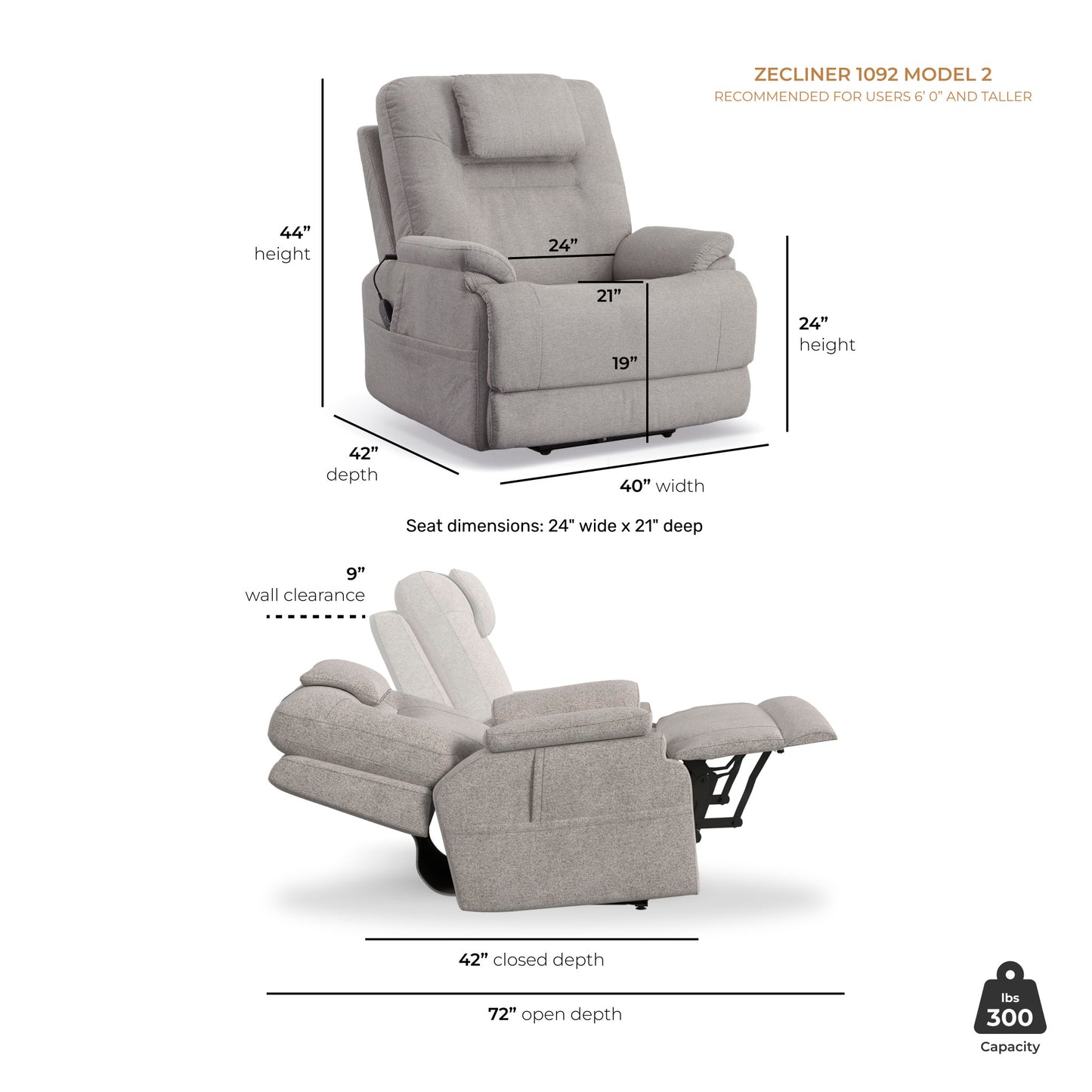 Zecliner Model 2 Dove Fabric Power Sleep Recliner with Power Headrest & Lumbar