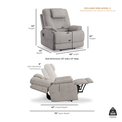 Zecliner Model 2 Dove Fabric Power Sleep Recliner with Power Headrest & Lumbar