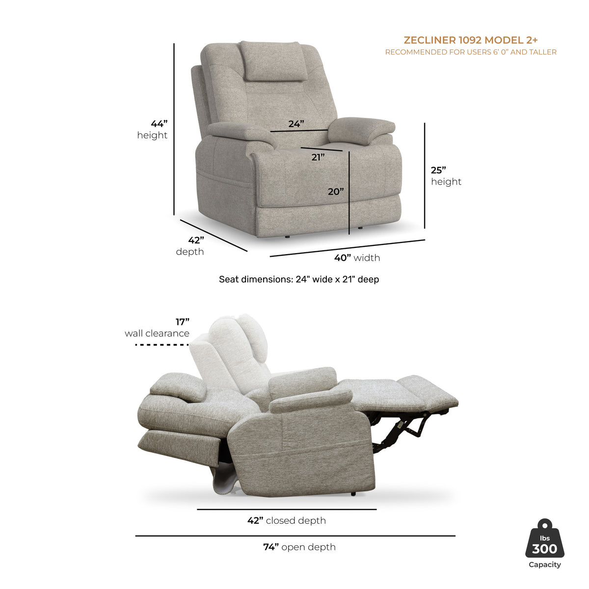 Zecliner Model 2+ Dove Fabric Power Lift Sleep Recliner with Power Headrest, Lumbar, Heat & Massage