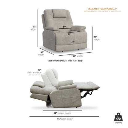 Zecliner Model 2+ Dove Fabric Power Lift Sleep Recliner with Power Headrest, Lumbar, Heat & Massage