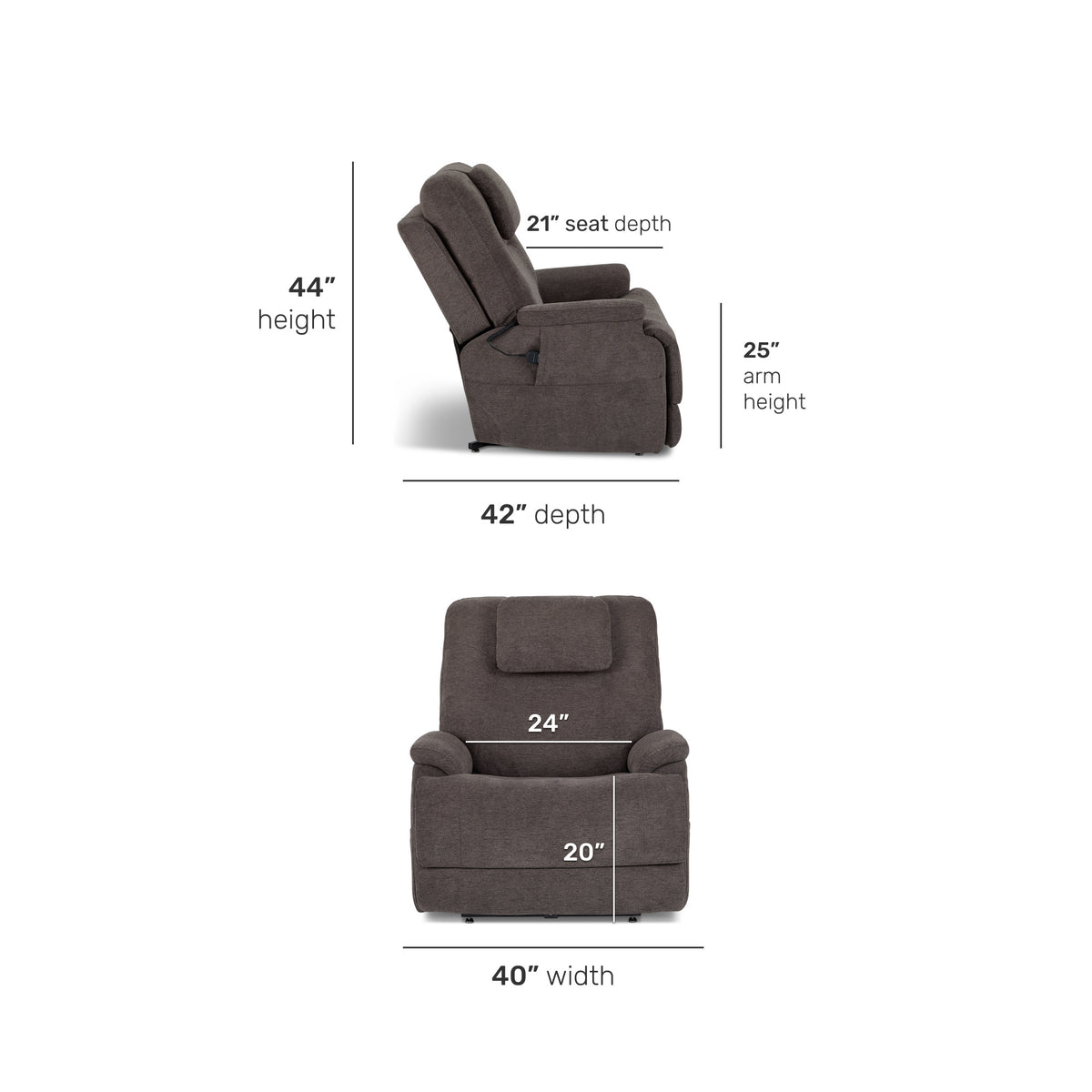 Zecliner Model 2+ Umber Fabric Power Lift Sleep Recliner with Power Headrest, Lumbar, Heat & Massage