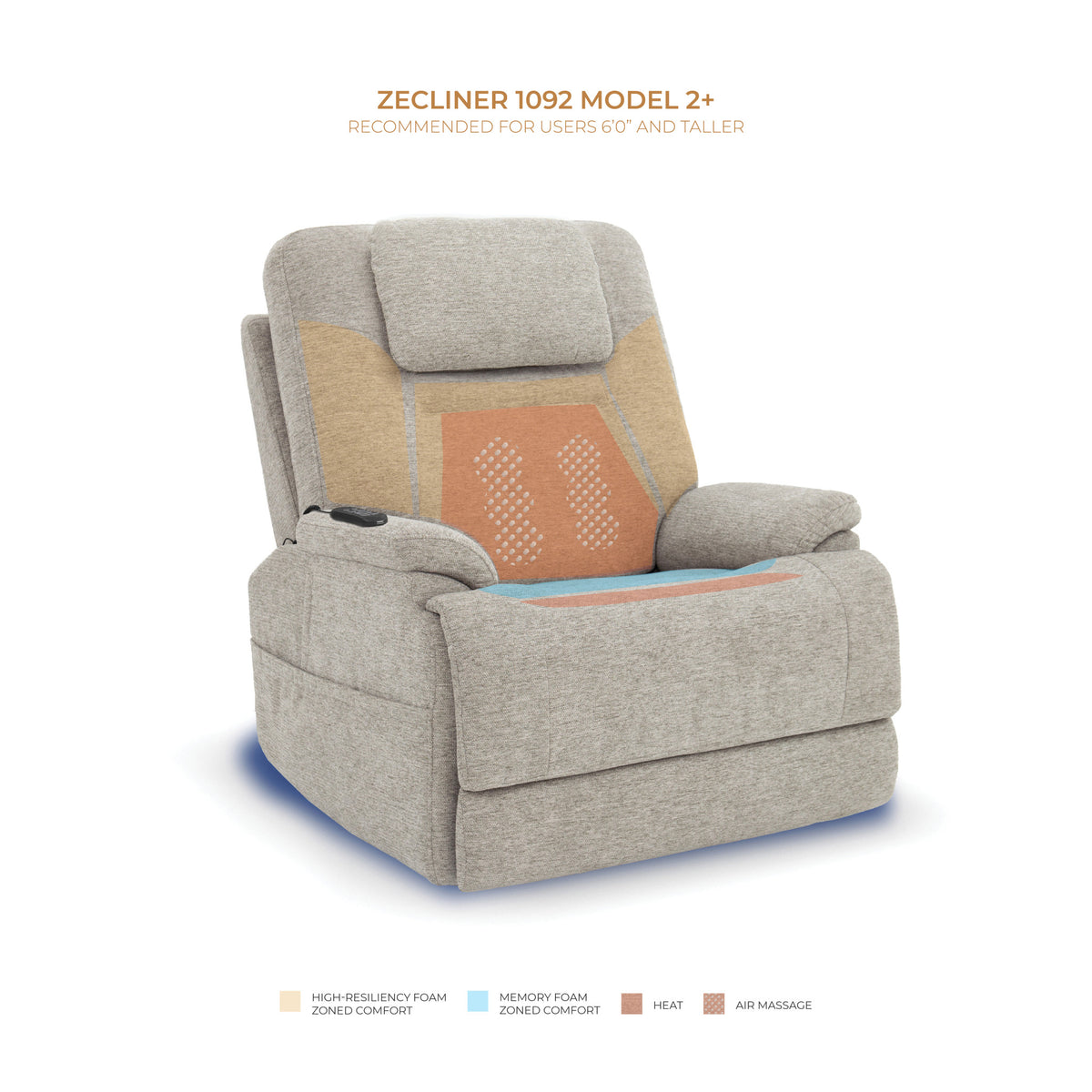 Zecliner Model 2+ Shell Fabric Power Lift Sleep Recliner with Power Headrest, Lumbar, Heat & Massage